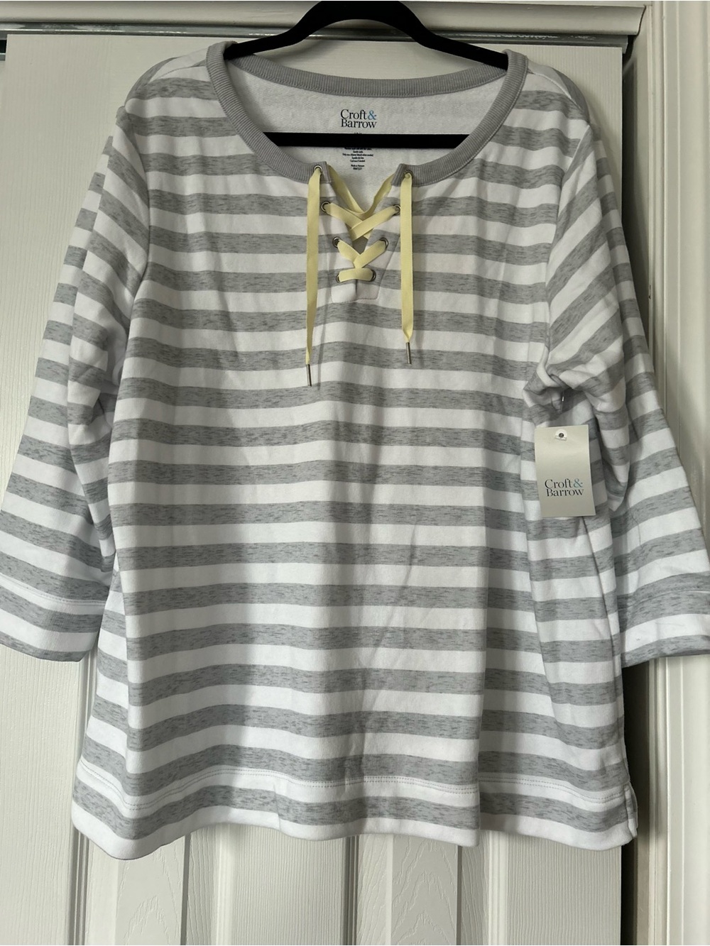 croft & barrow Gray and White Striped Lace-Up Long Sleeve Top with Yellow Tie